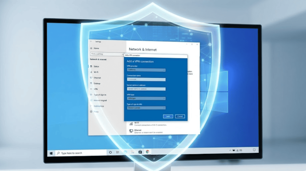 A visual guide showing the step-by-step configuration of a native VPN connection in Windows 10 settings