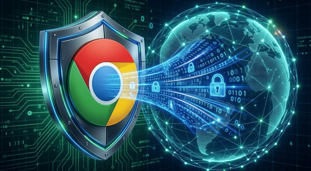 Abstract visualization of a secure, free unlimited VPN extension encrypting Google Chrome browser traffic