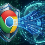 Abstract visualization of a secure, free unlimited VPN extension encrypting Google Chrome browser traffic